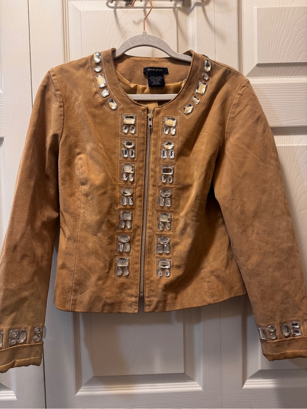 Boston Proper Tan Suede Jacket with Crystal Embellishments